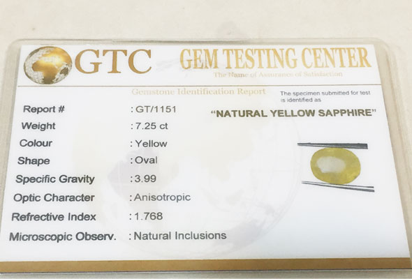 7.25 ct/8.05 ratti Natural Certified Ceylon Pukhraj/Yellow Sapphire